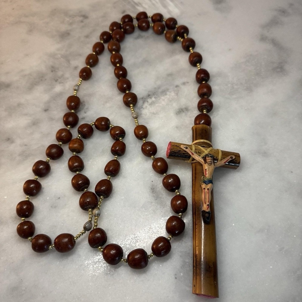 Vintage Bamboo Catholic Rosary Crucifix Cross Prayer Beads Religious Necklace - Picture 3 of 3